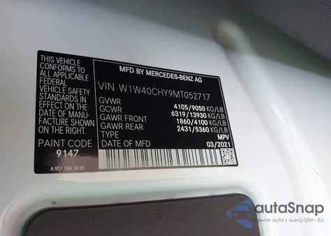 2021 Mercedes-Benz Sprinter 2500 High Roof I4 z USA, uszkodzony, nr VIN W1W40CHY9MT052717